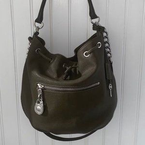 Michael Kors Knox Drawstring Loden Leather Bucket Bag w silver hardware EUC